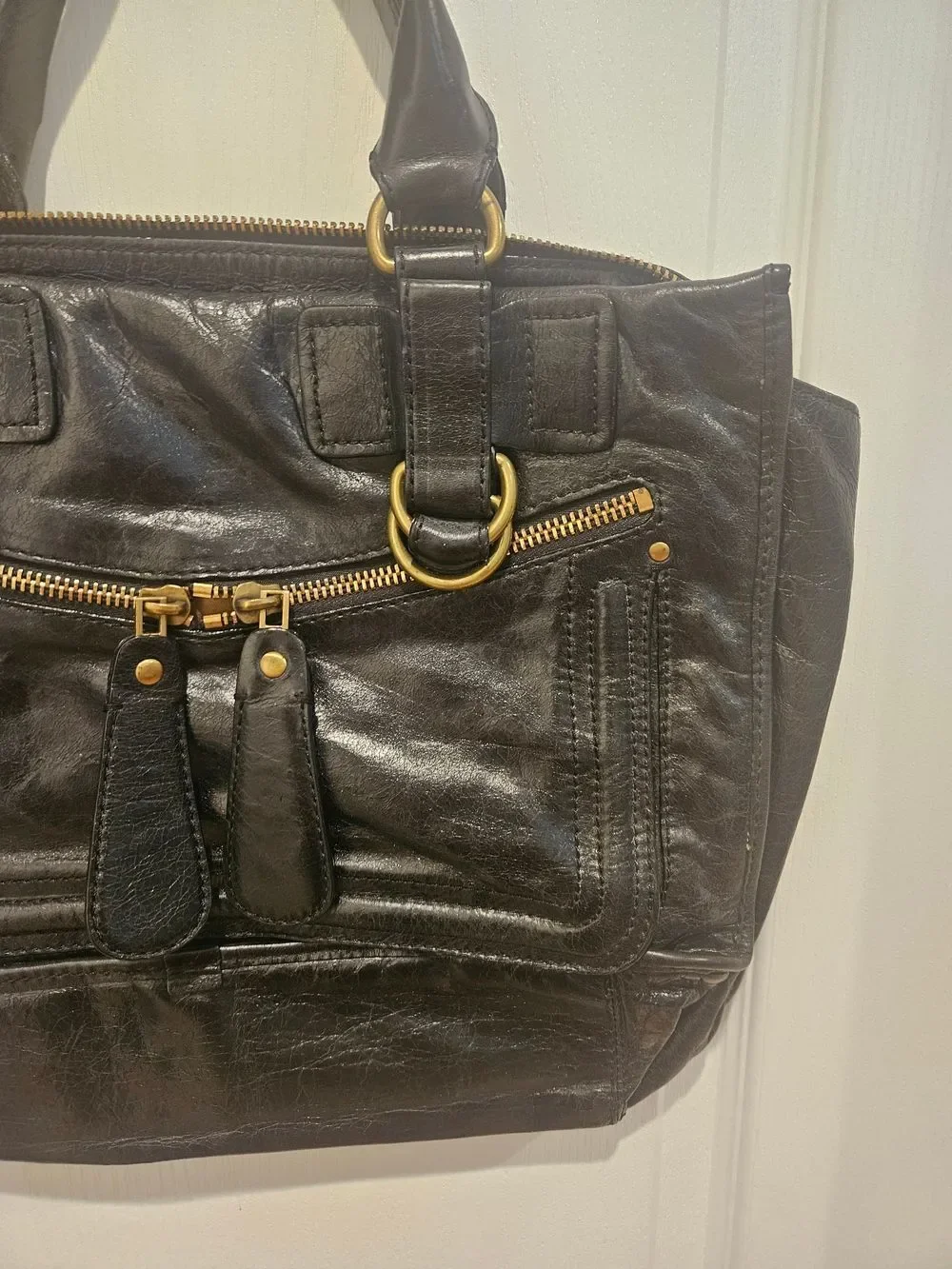 Classic Black Leather Satchel with Gold Hardware